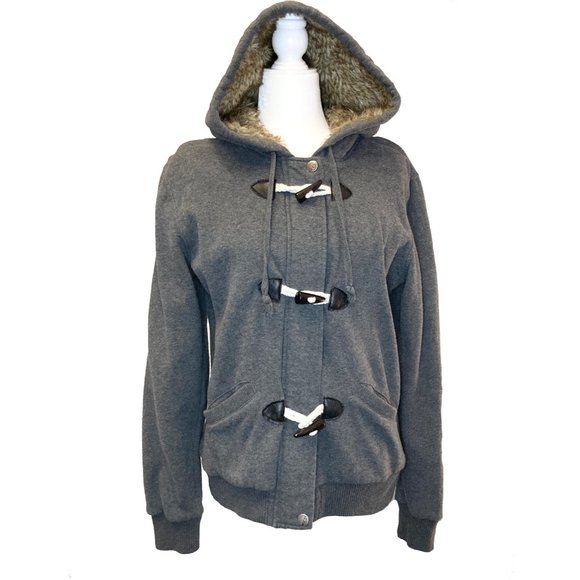 Roxy Jackets & Blazers - Roxy Hoodie: Gray Hooded Jacket with Toggle Buttons and Faux Fur-Lined Hood - XL